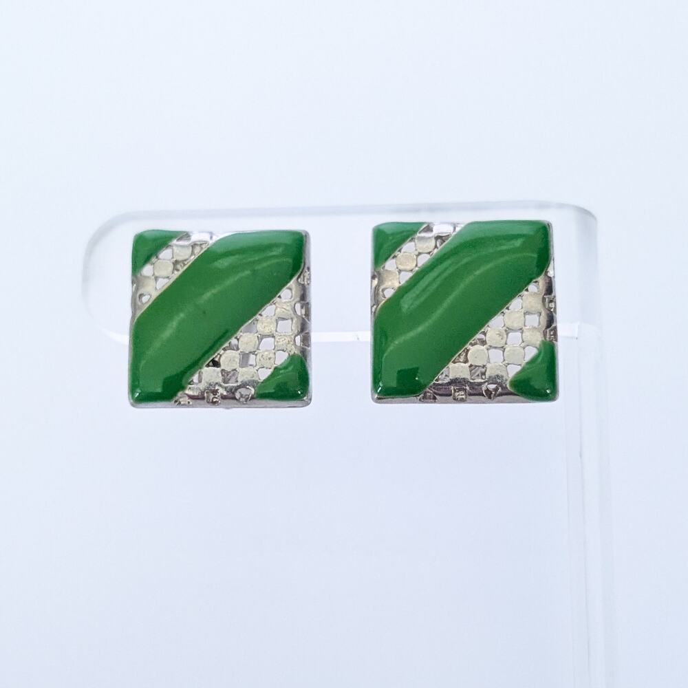 Vintage Clip On Earrings Silver Tone & Green Square